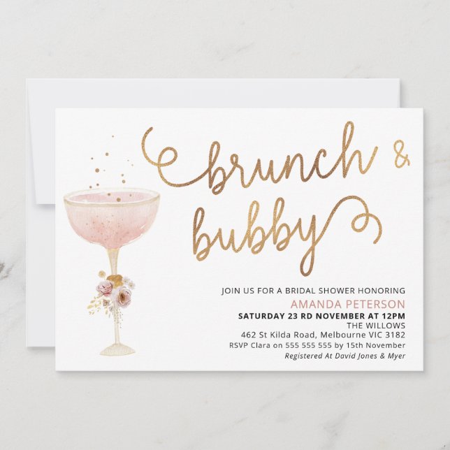 Invitación Curly Font Champagne Glass Boho Bridal Shower (Anverso)