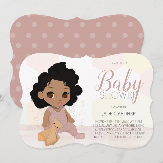 Invitación Curly Hair Baby Shower Invite - Tan Skin Tone (Anverso / Reverso)