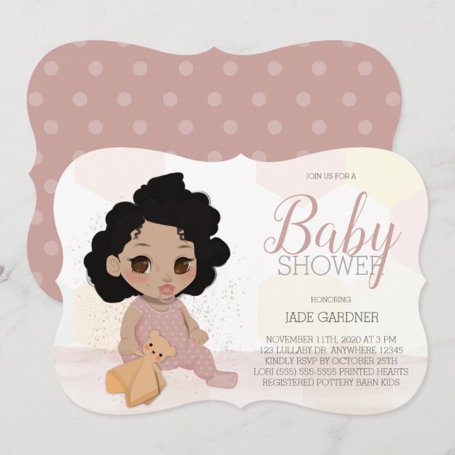 Invitación Curly Hair Baby Shower Invite - Tono de piel clara (Anverso / Reverso)