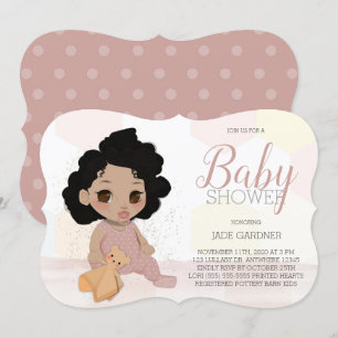 Invitación Curly Hair Baby Shower Invite - Tono de piel clara