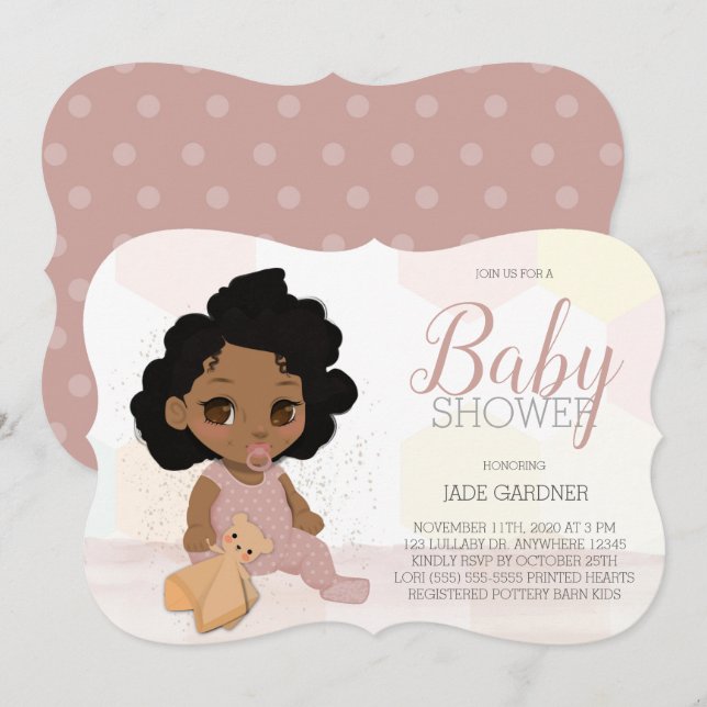 Invitación Curly Hair Baby Shower Invite - Tono de piel marró (Anverso / Reverso)