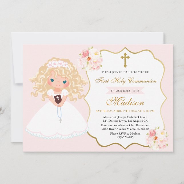 Invitación Curly haired Girl First Communion Soft Pink floral (Anverso)