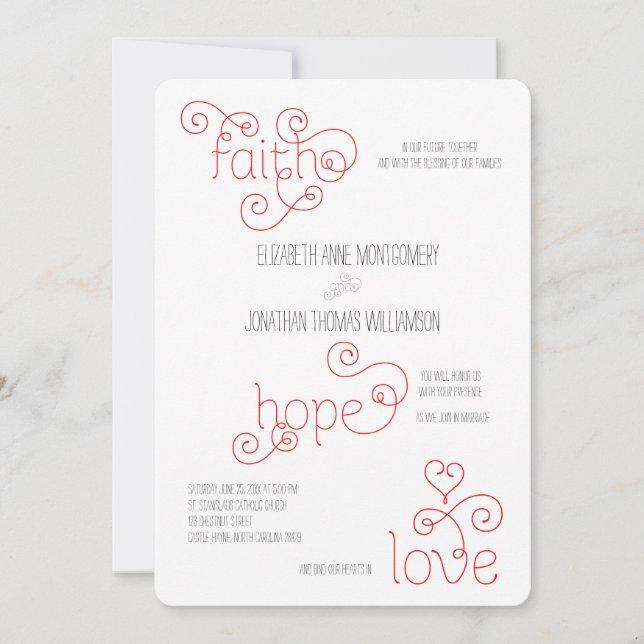Invitación Curly Red Script Faith Hope Love Boda (Anverso)