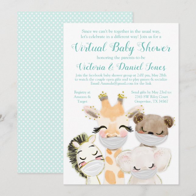 Invitación Curso De Baby Shower Bebés Mascarillas Animales (Anverso / Reverso)