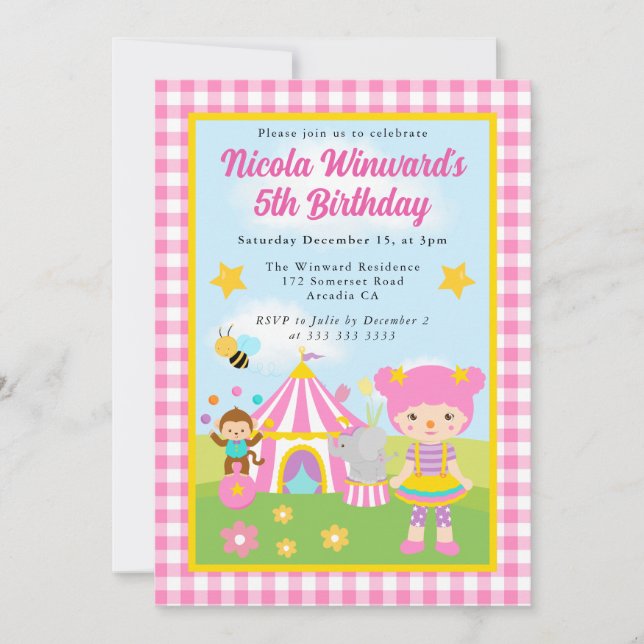 Invitación Curso de Chica de pelo rosado en circo lindo niños (Anverso)