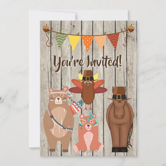 Invitación Curte Acción de Gracias Animales y Turquía Primer  (Anverso)