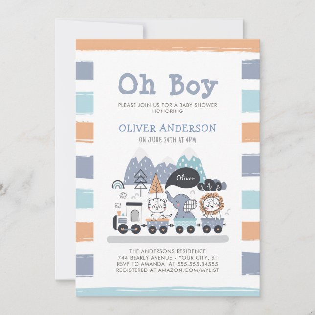 Invitación Curte Animals Entrene Viajes Boys Baby Shower (Anverso)