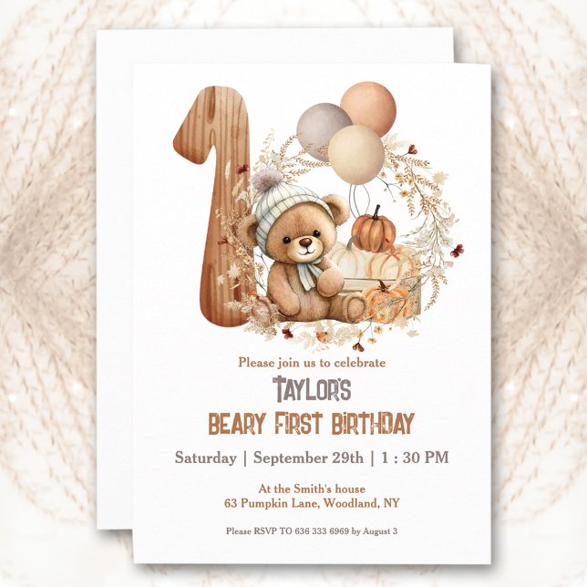 Invitación Curte Baby Bear Fall Beary 1er cumpleaños Invitaci (Cute Baby Bear Fall Beary 1st Birthday Invitation)