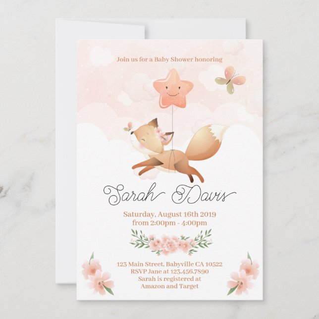 Invitación Curte Baby Fox Invite - Baby Shower (Anverso)