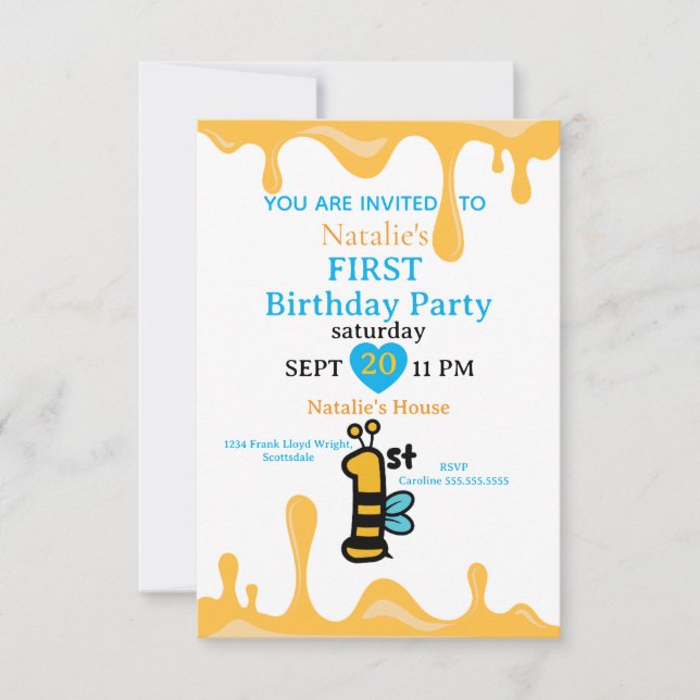 Invitación Curte Bee Honey Drips 1er cumpleaños Invite adapta (Anverso)