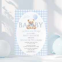 Curte Blue Teddy Bear Gingham Bow Baby Boy Shower