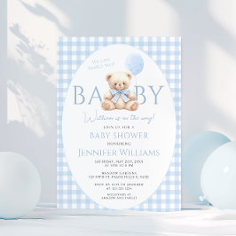 Invitación Curte Blue Teddy Bear Gingham Bow Baby Boy Shower