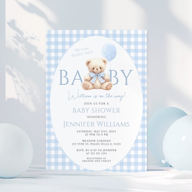 Invitación Curte Blue Teddy Bear Gingham Bow Baby Boy Shower (Subido por el creador)