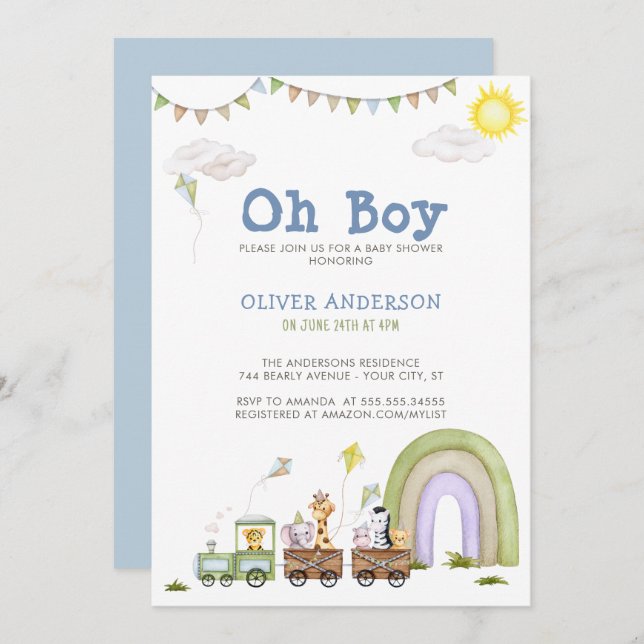 Invitación Curte Blue Train Travel Boys Baby Shower (Anverso / Reverso)