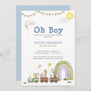 Invitación Curte Blue Train Travel Boys Baby Shower