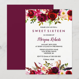 Invitación Curte Borgoña Rojo Floral Dulce 16 Fiestas Invite