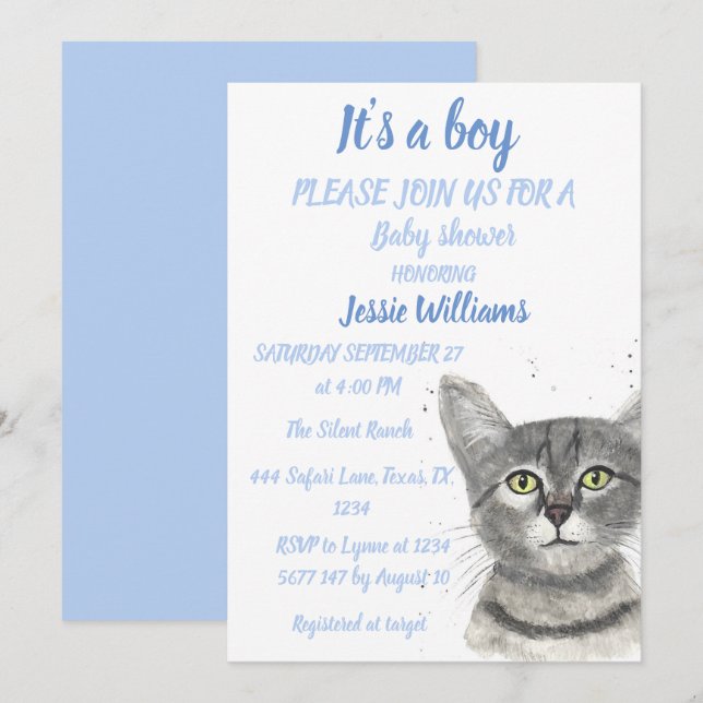 Invitación Curte Cat Kitty Kitten Blue Baby ducha Invitat (Anverso / Reverso)