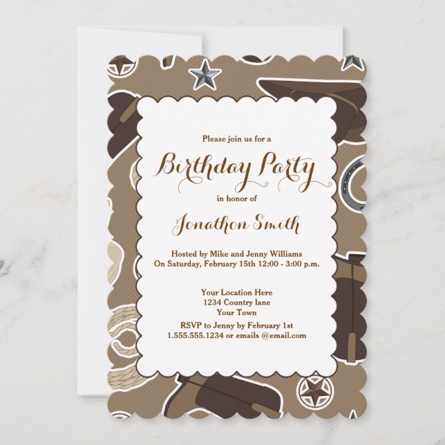 Invitación Curte Cowboy Tema Brown Fiesta de cumpleaños (Anverso)