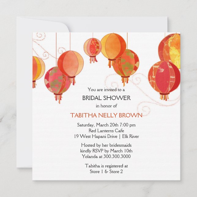 Invitación Curte Estilish Red Lanterns Bridal Shower Invitaci (Anverso)