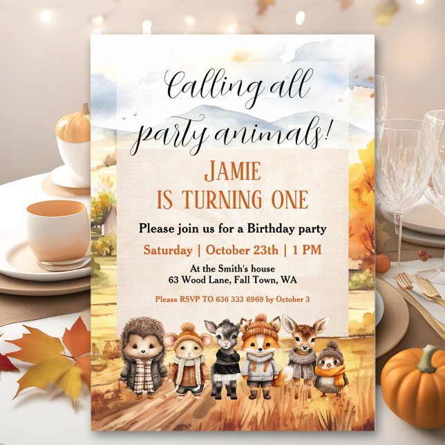 Invitación Curte Fall Woodland Animals 1er cumpleaños Invitac (Cute Fall Woodland Animals 1st Birthday Invitation)
