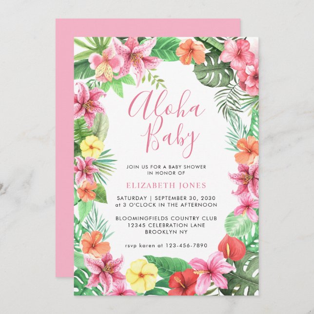 Invitación Curte Floral Tropical Summer Pink Aloha Baby Showe (Anverso / Reverso)