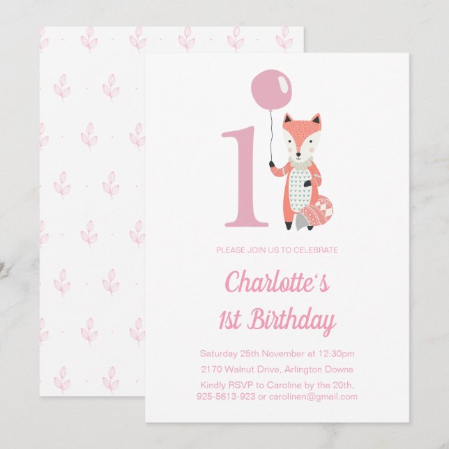 Invitación Curte Fox & Balloon Pink 1er cumpleaños (Anverso / Reverso)