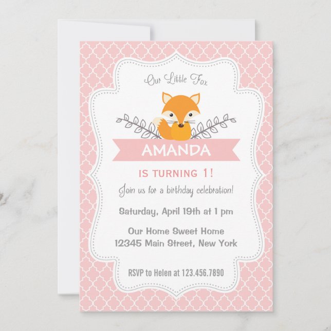 Invitación Curte Fox Birthday Invitation Pink (Anverso)