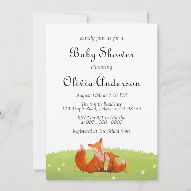 Invitación Curte Fox Rustic Woodland Baby Shower (Anverso)