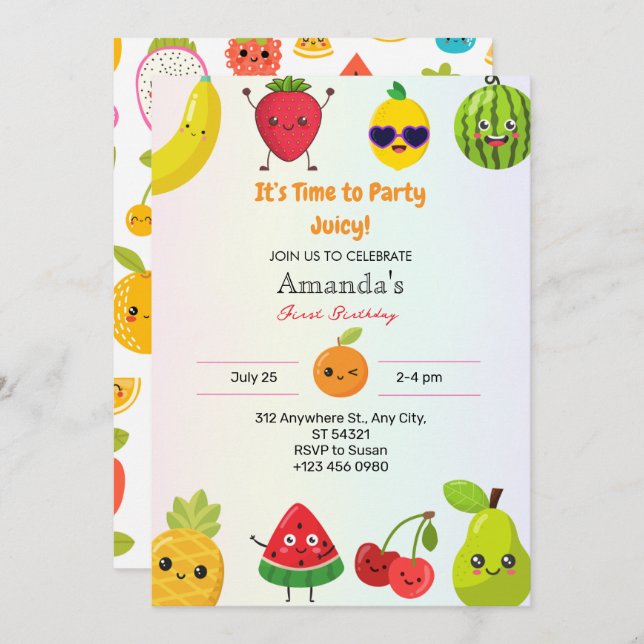 Invitación Curte Fruits First Birthday Party Invitation (Anverso / Reverso)