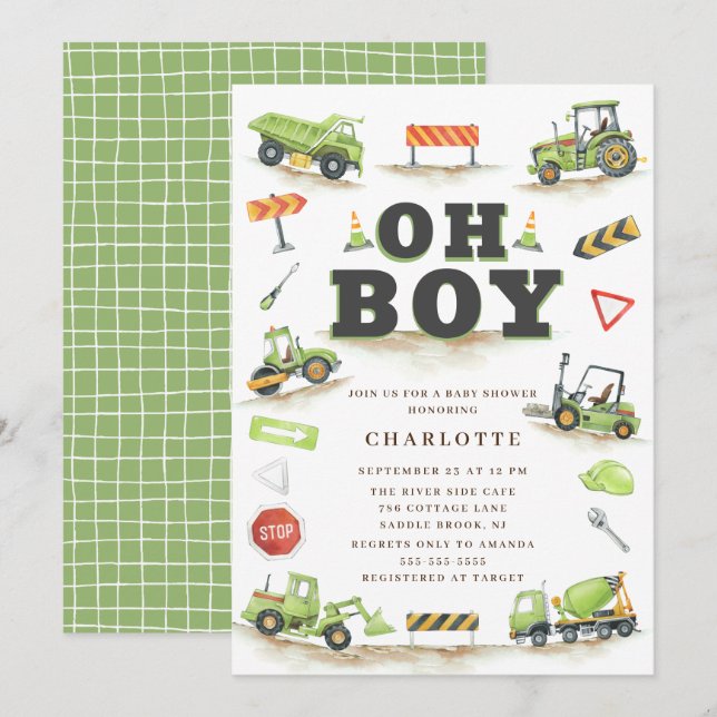 Invitación Curte Green Construction Truck Baby Shower Invit (Anverso / Reverso)