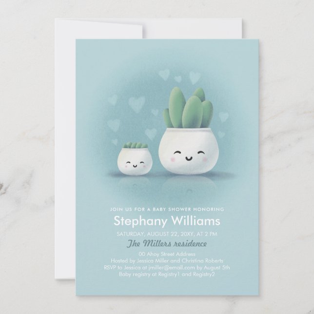 Invitación Curte Kawaii Succulent Boy Blue Baby Shower Invita (Anverso)