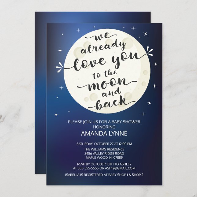 Invitación Curte Love Moon & Back Baby Shower Invite (Anverso / Reverso)
