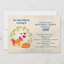Invitación Curte Naranja Fox, Red Hearts y Wreath Birthday