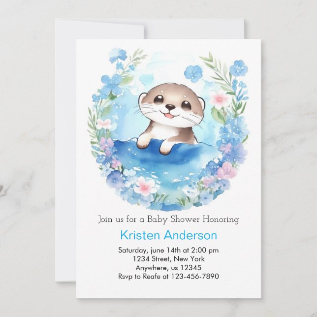 Invitación Curte Otter Watercolor Boy Baby Shower (Anverso)