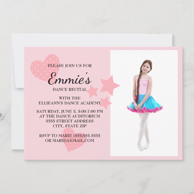 Invitación Curte Pink Hearts Stars Dance Recital Photo Invite (Anverso)