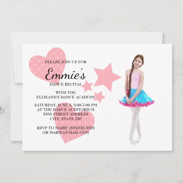 Invitación Curte Pink Hearts Stars Dance Recital Photo Invite (Anverso)