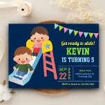 Invitación Curte Playground Slide Kids Aniversario Fiesta Inv<br><div class="desc">Sorprenda a sus huéspedes con esta colorida invitación para una fiesta de cumpleaños que incluye un lindo tobogán infantil con una tipografía vibrante sobre un fondo azul. Simplemente agregue los detalles de su evento en esta plantilla fácil de usar para convertirla en una invitación única. Girar la tarjeta para mostrar...</div>