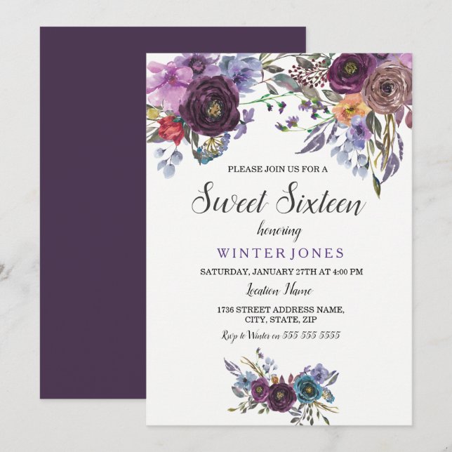 Invitación Curte Purple Floral Winter Sweet Dieciséis Invitad (Anverso / Reverso)