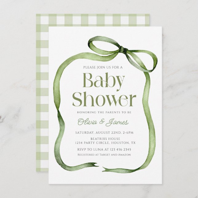 Invitación Curte sage green Bow Gingham Baby Shower Invitació (Anverso / Reverso)