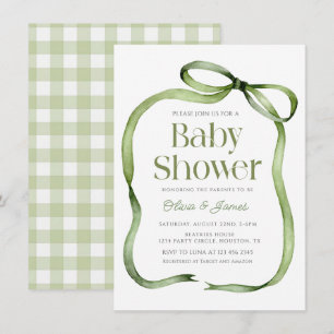 Invitación Curte sage green Bow Gingham Baby Shower Invitació