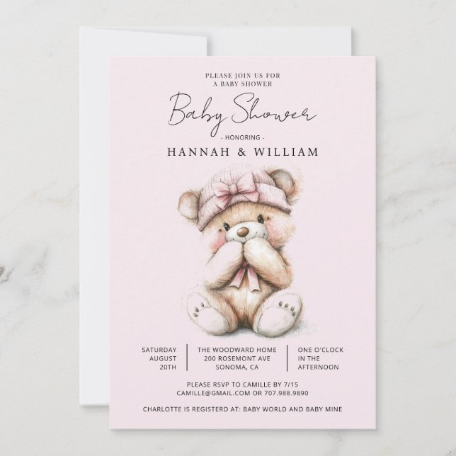 Invitación Curte Teddy Bear Pink Baby Baby Shower (Anverso)