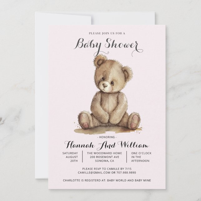 Invitación Curte Teddy Bear Pink Baby Baby Shower (Anverso)