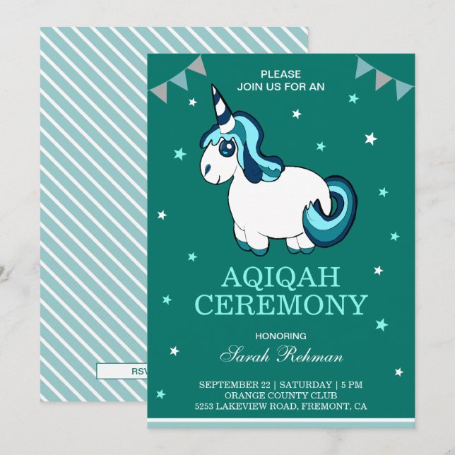Invitación Curte Turquoise Unicorn Baby Girl Aqiqah (Anverso / Reverso)