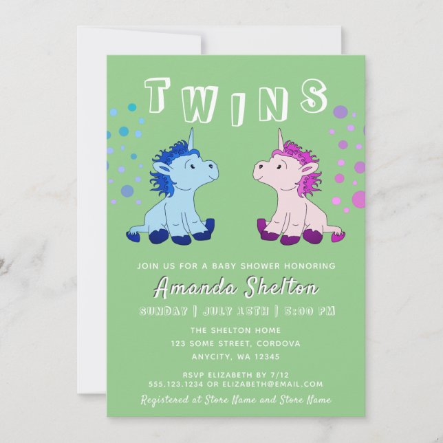 Invitación Curte Unicorn Twins Baby Boy Girl Baby Shower (Anverso)