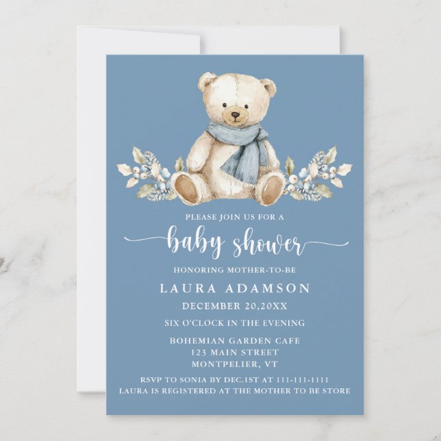 Invitación Curte Winter Teddy Bear Baby Shower Blue (Anverso)