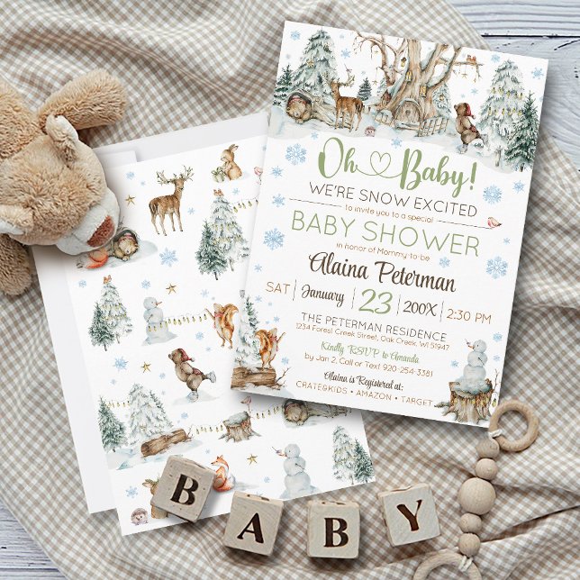 Invitación Curte Winter Woodland Animals Snowflake Baby Showe (Cute Winter Woodland Friends Forest Animals Oh Baby We're Snow Excited Snowflake baby shower invite)