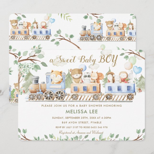 Invitación Curte Woodland Animals Train Greenery Baby Shower (Anverso / Reverso)