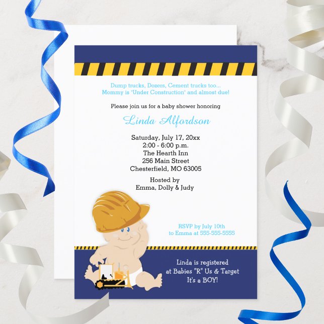 Invitación Curva de bulldozer para Baby Shower de construcció (Construction Baby Shower Invitation)