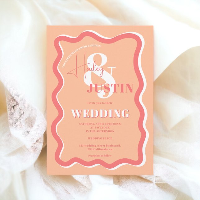 Invitación Curva de melocotón retro squiggle waval boda foto (Retro peach curve squiggle wavy wedding photo invitation)