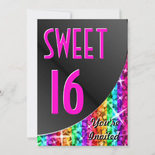 Invitación Curva negra Glitz Rainbow Stripe "Sweet 16"